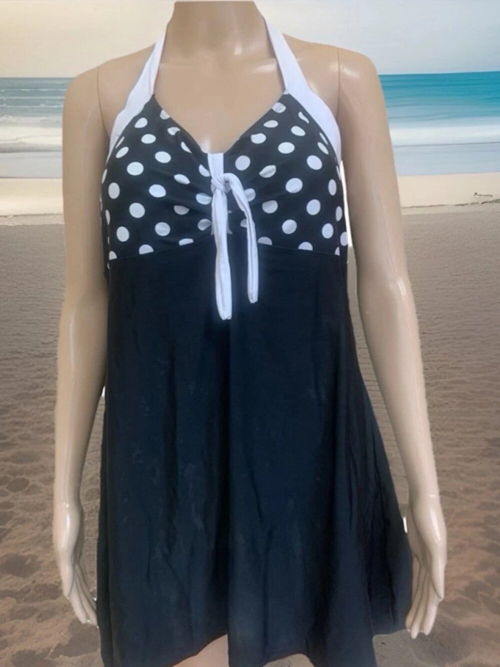 Anne Klein Sz XL Padded Bra Cup C/D Black White Halter Skort Swimsuit Dress